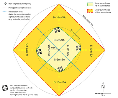 Scheme of the Multi-Summit sampling design.
The standard sampling design comprises 16 1-m² quadrats and eight
summit area sections (SASs).